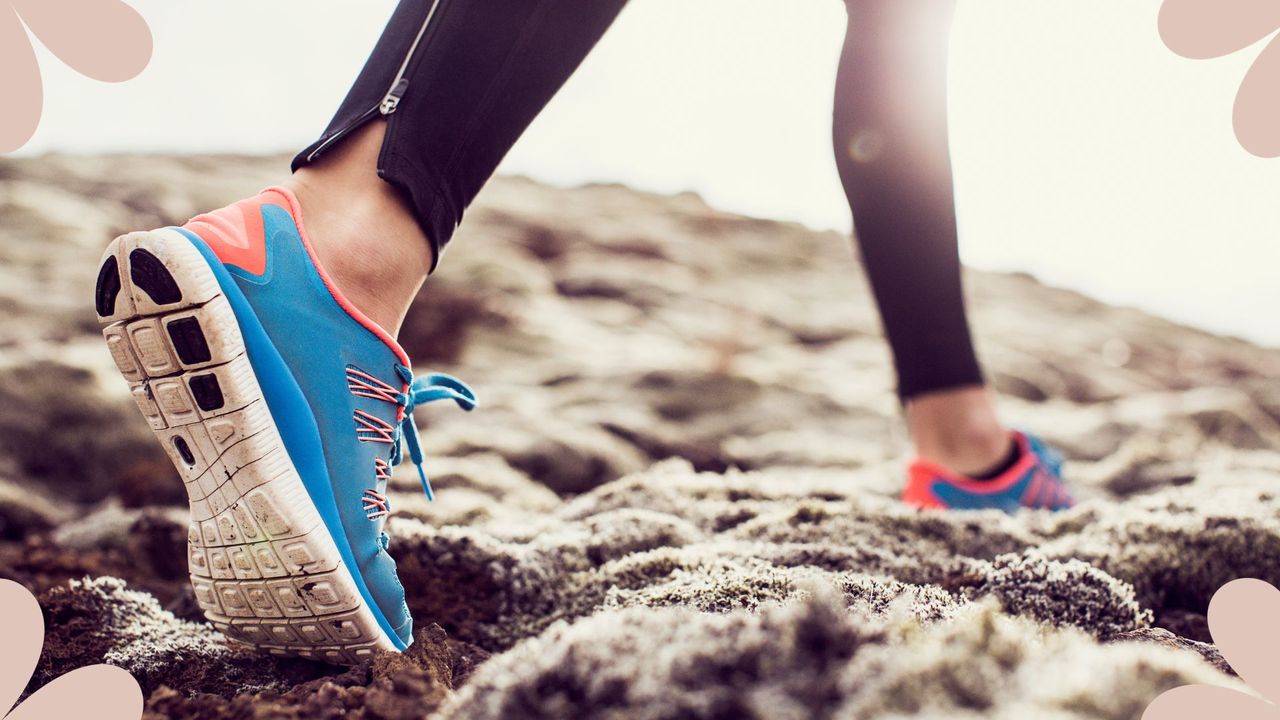 Woman&#039;s feet in running trainers walking across icy ground, representing the need to learn how to clean running trainers 