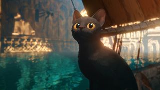 A black cat looking up at something off-camera in 2024's Flow movie