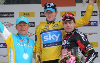 Bradley Wiggins top podium, with Alexandre Vinokourov (third) and Cadel Evans (second), Criterium du Dauphine 2011, stage seven