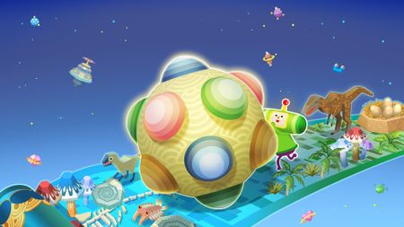 Key art for Once Upon a Katamari showing the Prince rolling a katamari across the cosmic scroll of history with dinosaurs, UFOs, and more