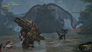 Monster Hunter Wilds review; A video game scene depicts a large, monstrous creature, possibly a dragon-like monster, facing a player character and a supporting character. The scene is set in a misty, swampy area, with dark, heavy clouds. The characters are battling the large creature and are armed with weapons.