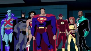 《正义联盟无限》中的蝙蝠侠、超人、神奇女侠、闪电侠、绿灯侠、火星猎人和鹰女