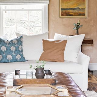 living room with white sofa, leather ottoman and plater coloured walls, with a blue patterned cushion and terracotta plain cushion on sofa