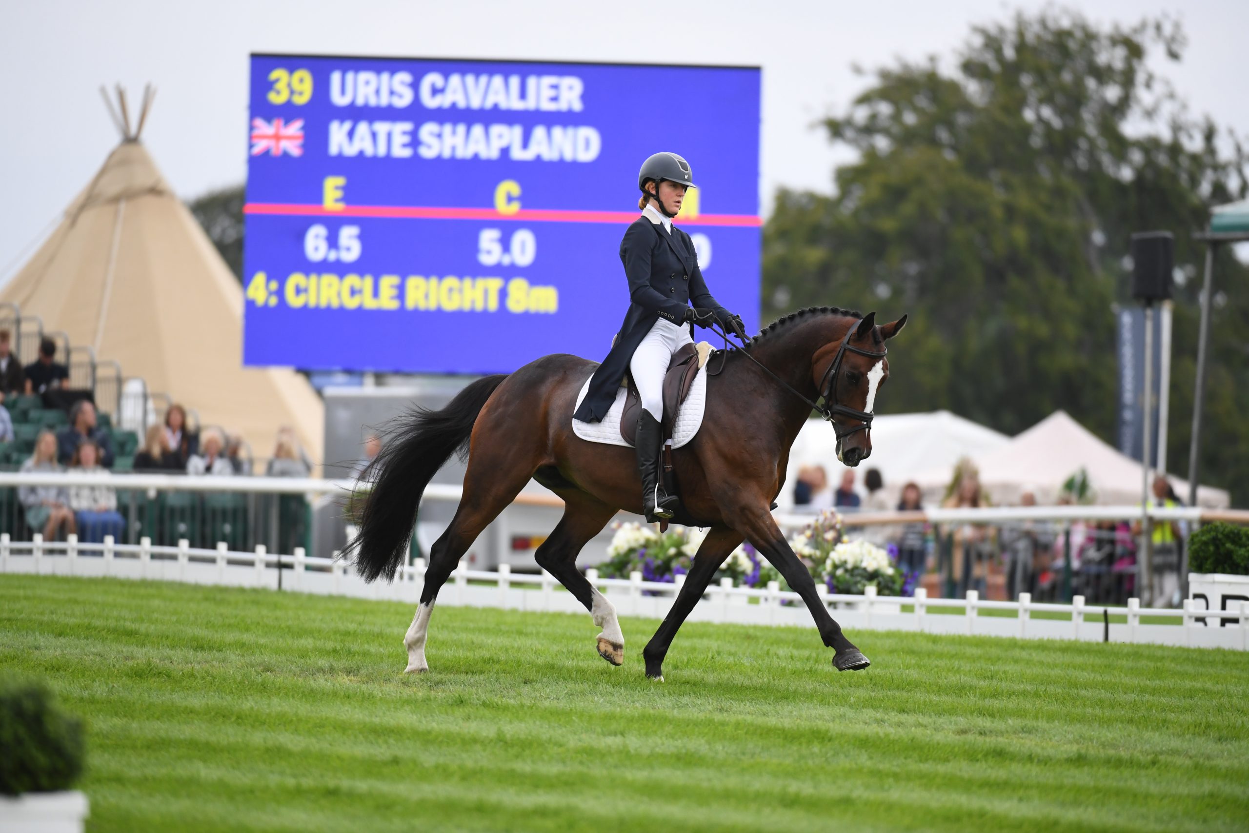 Kate Shapland and Uris Cavalier in the dressage at Burghley 2022.