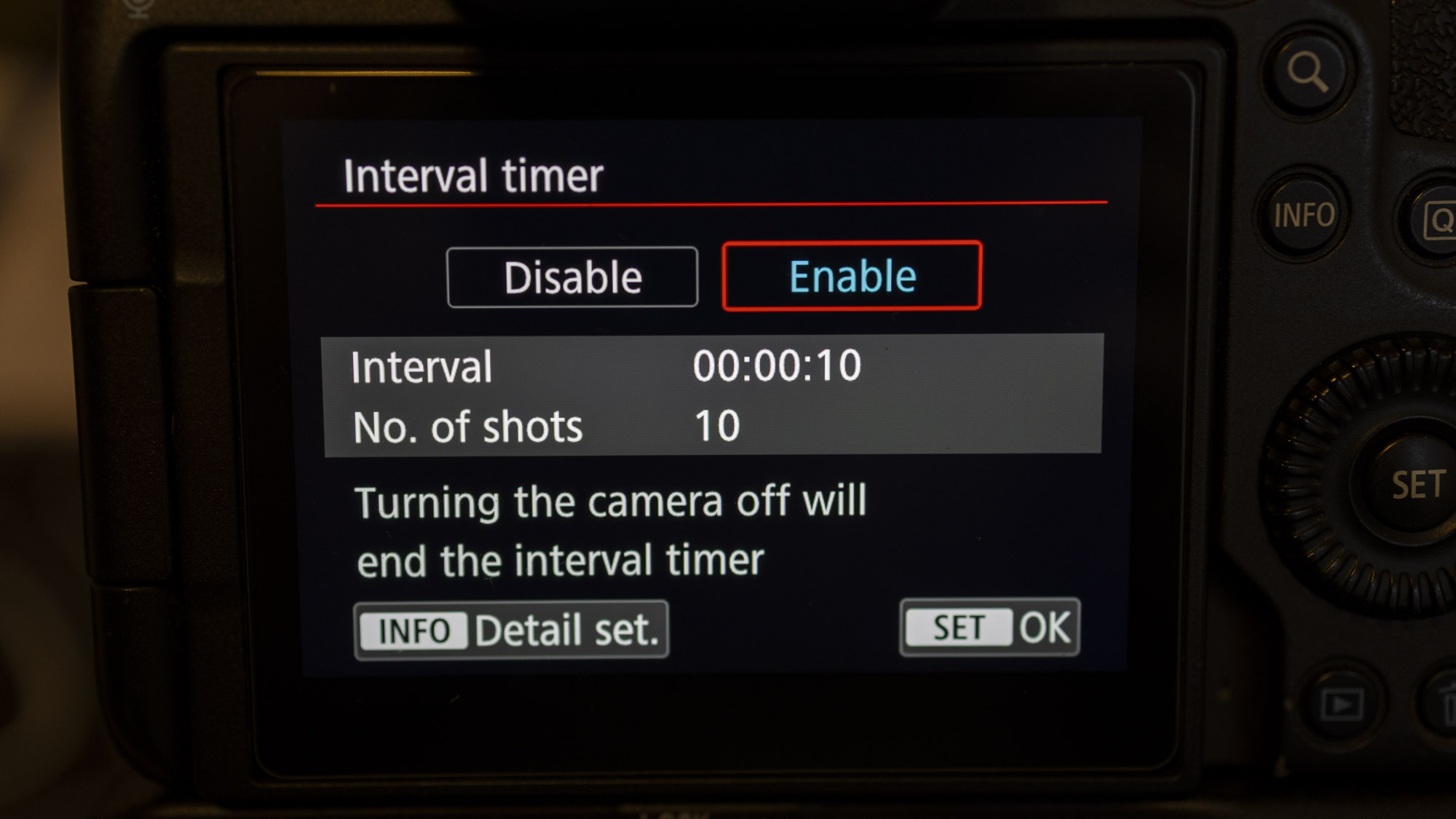 Back of a Canon EOS R5 screen showing the Interval Timer settings, currently set up for an interval of 10 secs and a maximum of 10 shots