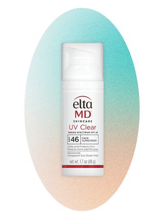 Elta MD sunscreen on an ombre blue and peach background