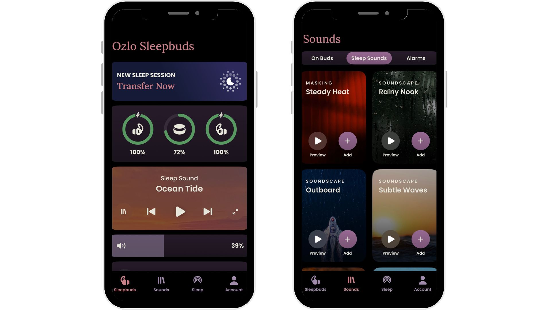 Screenshots of the Ozlo app displaying sleep sounds library
