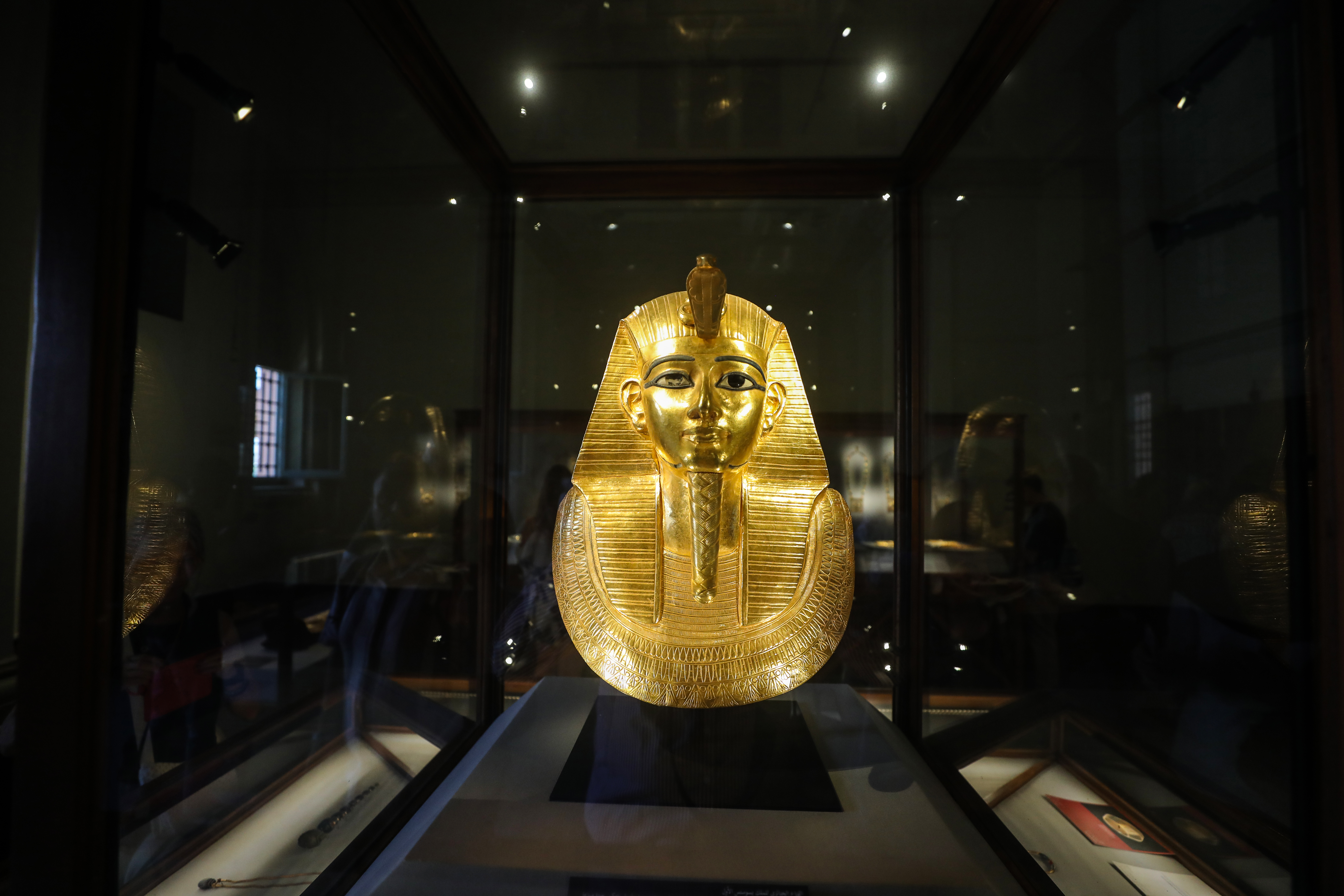 Front view of the golden funerary mask of Pharaoh Psusennes I 