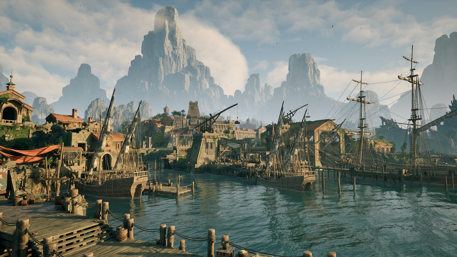 Avowed screenshot of the docks in the first region of Dawnshore