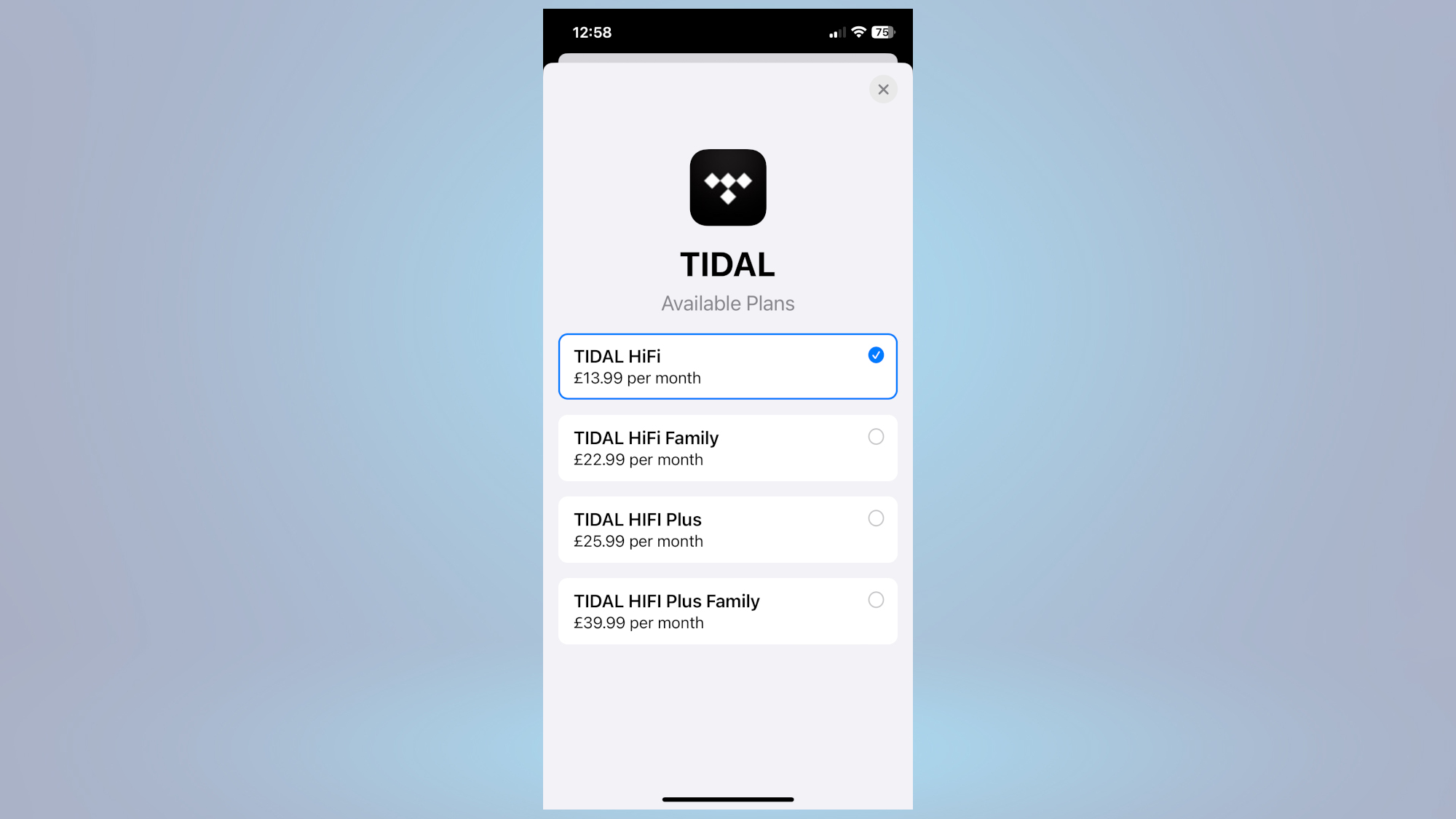 Tidal plans via Apple subs screenshot