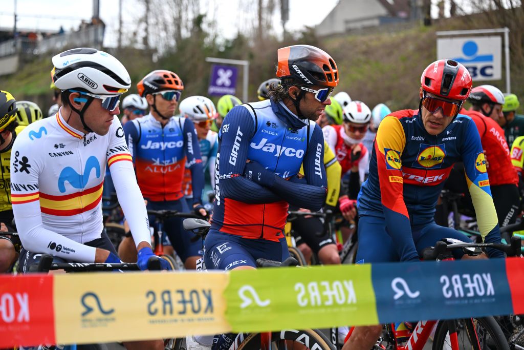 ROESELARE BELGIUM MARCH 27 LR Oier Lazkano of Spain and Movistar Team Michael Matthews of Australia and Team Jayco AlUla and Jasper Stuyven of Belgium and Team Lidl Trek prior to the 78th Dwars Door Vlaanderen 2024 Mens Elite a 1886km one day race from Roeselare to Waregem UCIWT on March 27 2024 in Roeselare Belgium Photo by Tim de WaeleGetty Images