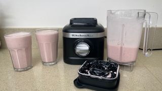 Raspberry smoothie in glasses made using KitchenAid K150