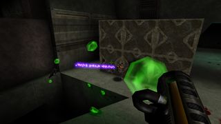 The player fires green globs from the Bio Rifle at an opponent.