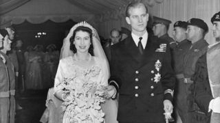 Princess Elizabeth and Prince Philip just married walking down the aisle