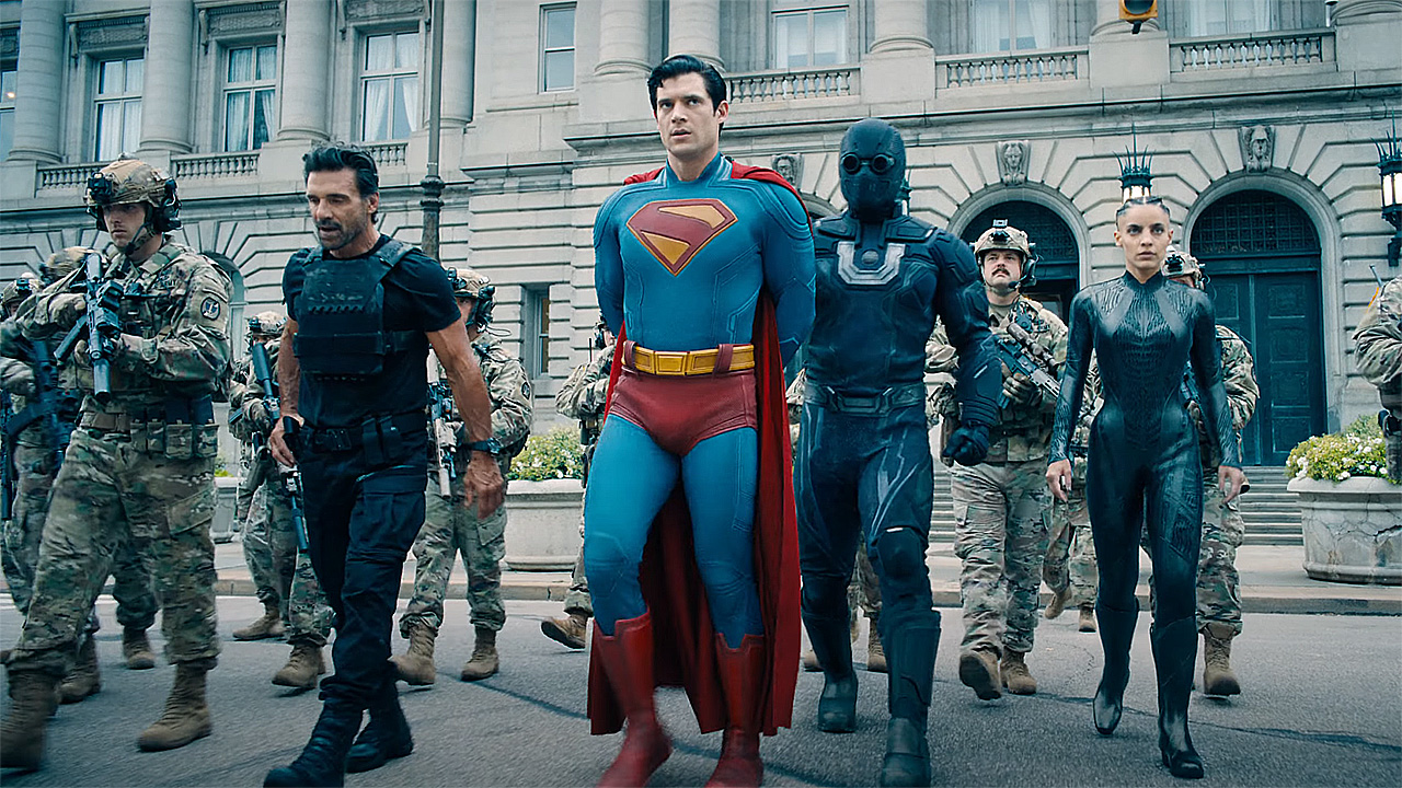 Clark Kent being arrested by Rick Flag, Ultraman, The Engineer, and some soldiers in 2025's Superman movie