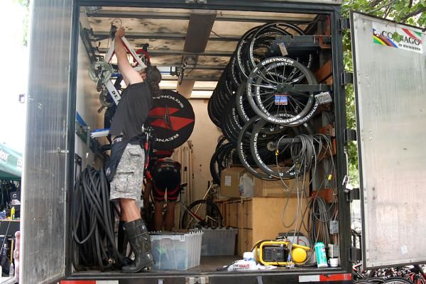 The Fly V truck is packed full of gear, some still untouched after Tour of California.