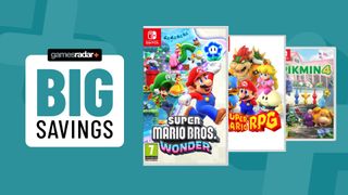 Super Mario Bros Wonder, Super Mario RPG and Pikmin 4 on a blue background with big savings badge