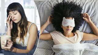 On the left, a tired woman sits rubbing her eyes while holding a cup of coffee. On the right, a woman lies on her back in bed with a sleep mask on, sleeping well.