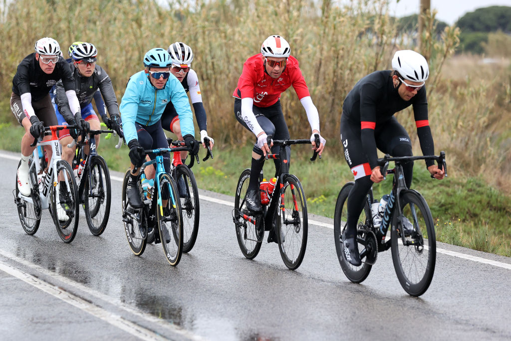 CAMBRILS SPAIN MARCH 26 LR Vadim Pronskiy of Kazahkstan and Team Astana Qazaqstan Sander Armee of Belgium and Team Cofidis and Team Cofidis Jensen Mattias Skjelmose of Denmark and Team Trek Segafredo and Guillaume Boivin of Canada and Team Israel Premier Tech attack during the 101st Volta Ciclista a Catalunya 2022 Stage 6 a 1685km stage from Costa Daurada SalouCambrils to Costa Daurada SalouCambrils VoltaCatalunya101 WorldTour on March 26 2022 in Cambrils Spain Photo by Gonzalo Arroyo MorenoGetty Images