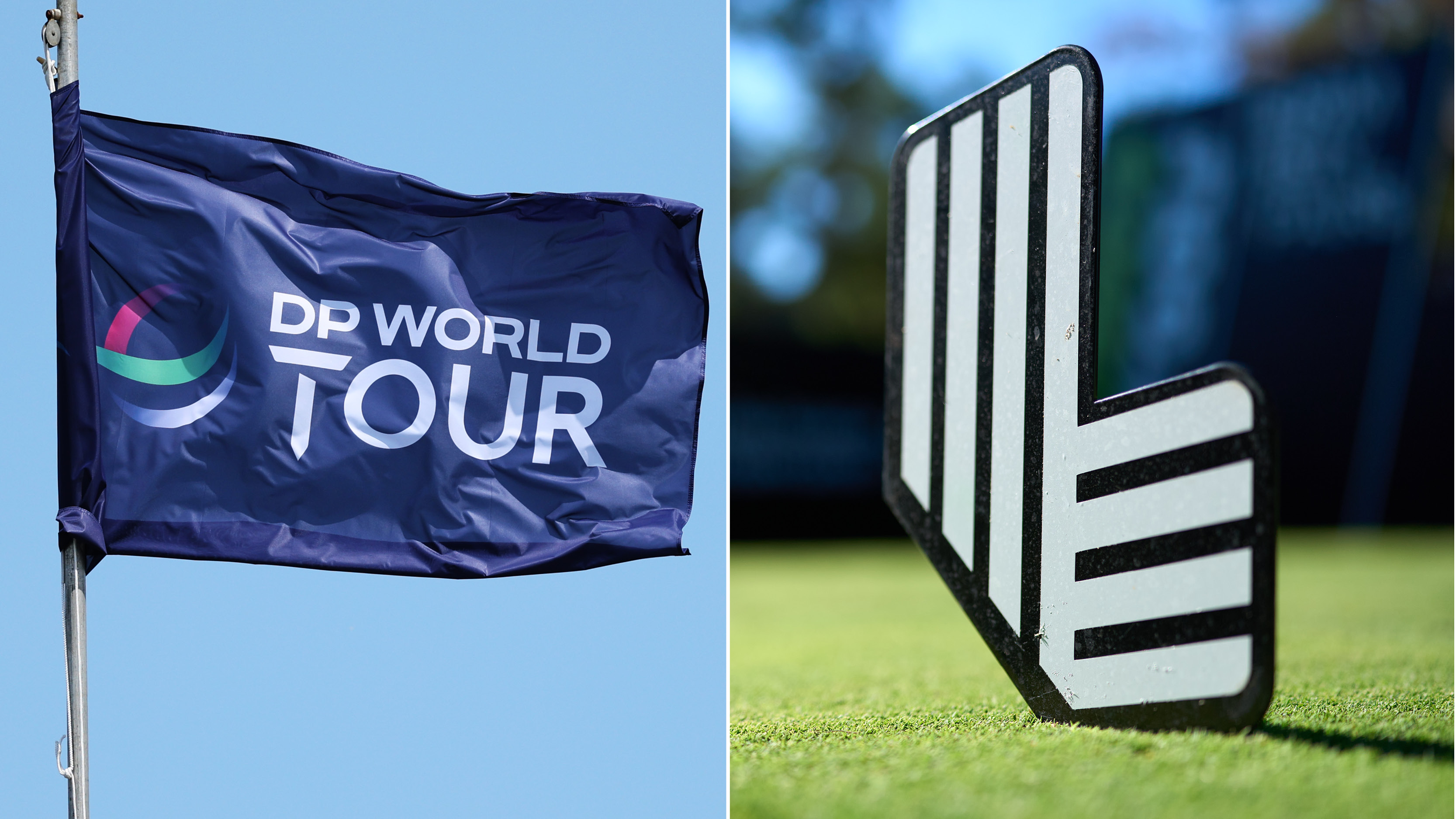 A blue DP World Tour flag blows in the wind and a close-up of a LIV Golf tee marker