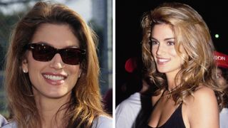 On the left, a close up of Cindy Crawford wearing sunglasses and a warm, neutral look at the the 3rd Annual Revlon Run/Walk to Benefit Women's Cancer Research at Cheviot Hills Park in Los Angeles, California, 11th May 1996/ alongside picture of Crawford, again wearing a neutral lip at the Revlon charity event, United States, circa 1990s