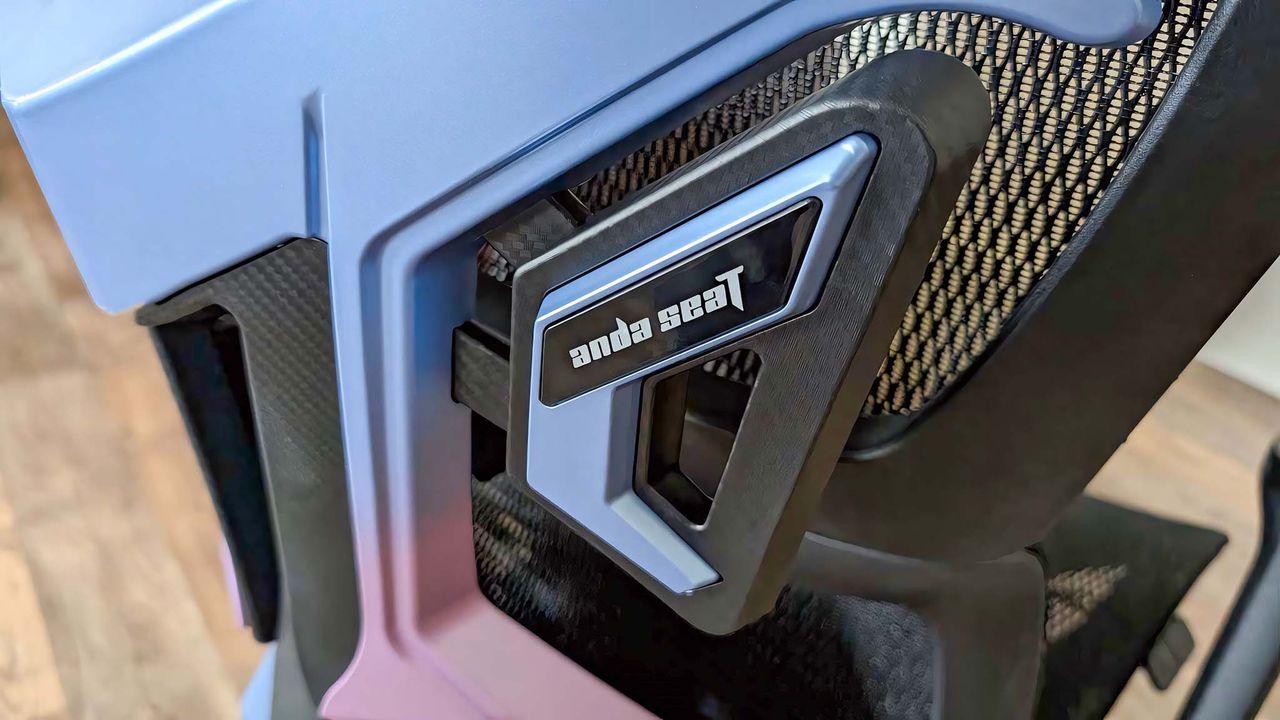 Closeup of the back logo on the AndaSeat X-Air Pro Mesh Office Chair.