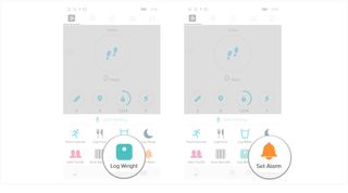 Tap on the log weight button or tap on the set alarm button.
