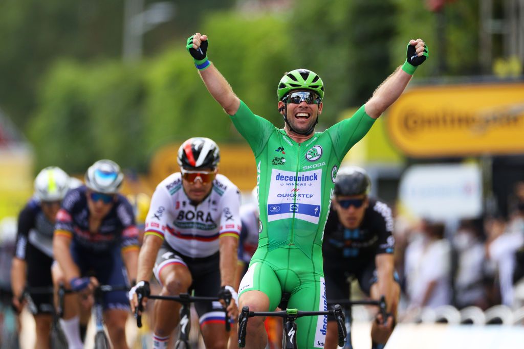CHATEAUROUX, FRANCE - JULY 01: Mark Cavendish of The United Kingdom and Team Deceuninck - Quick-Step Green Points Jersey celebrates at arrival during the 108th Tour de France 2021, Stage 6 a 160,6km stage from Tours to Ch&acirc;teauroux / @LeTour / #TDF2021 / on July 01, 2021 in Chateauroux, France.
