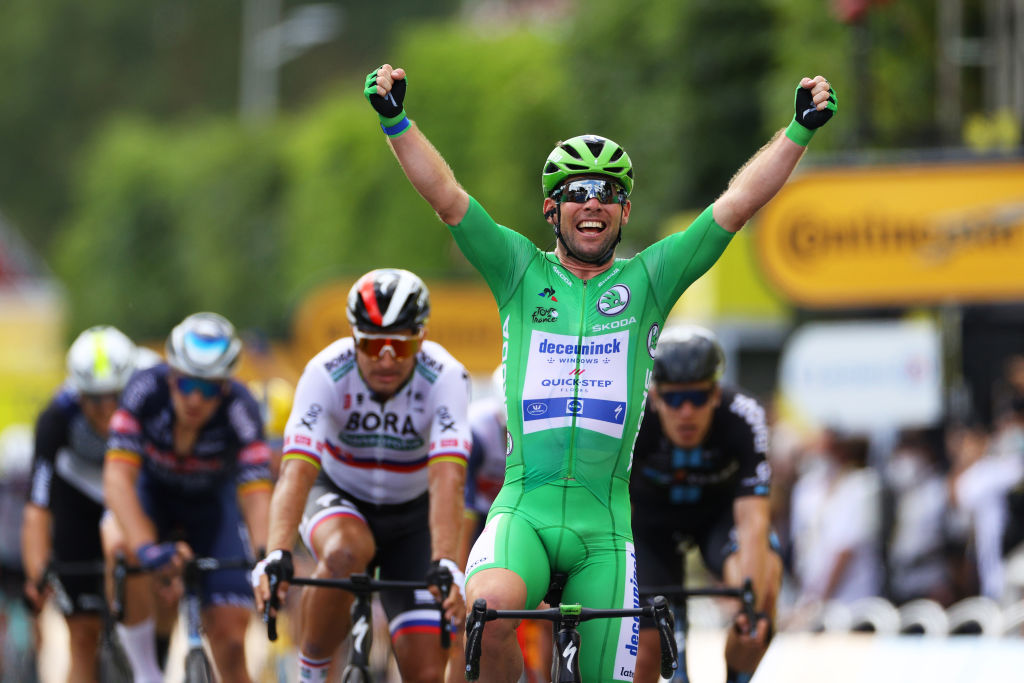 CHATEAUROUX, FRANCE - JULY 01: Mark Cavendish of The United Kingdom and Team Deceuninck - Quick-Step Green Points Jersey celebrates at arrival during the 108th Tour de France 2021, Stage 6 a 160,6km stage from Tours to Châteauroux / @LeTour / #TDF2021 / on July 01, 2021 in Chateauroux, France.