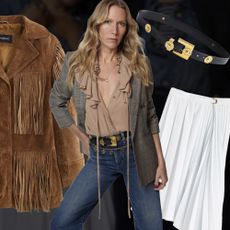 fashion collage of the Madewell and Reluxed Fashion collaboration featuring a suede fringe jacket, stylist Clare Richardson, gold studded belt, and white pleated Celine skirt