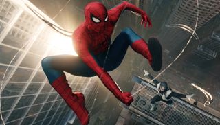 Spider-Man flying through the city on the poster for Spider-Man: Brand New Day