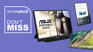 Asus, Arozpa, and MSI portable monitors on a purple background next to a TechRadar badge reading 'Don't Miss'