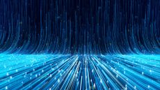 Abstract, glowing blue lines rushing away from the camera across a vast landscape to represent the cloud service economy. In the far distance, the lines hit the horizon and curve upward towards the top of the frame.