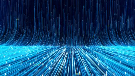 Abstract, glowing blue lines rushing away from the camera across a vast landscape to represent the cloud service economy. In the far distance, the lines hit the horizon and curve upward towards the top of the frame.