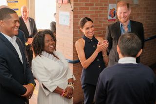 Meghan Markle and Prince Harry visit Colegio Cultura Popular in Bogota, Colombia.