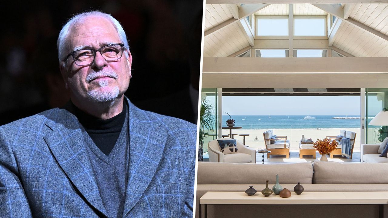 NBA coach phil jackson on one side of a split screen with his los angeles home on the other side