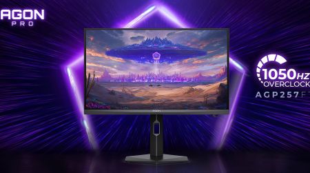 AOC Agon Pro AGP257FT shown front-on, extended on stand, against a purple background