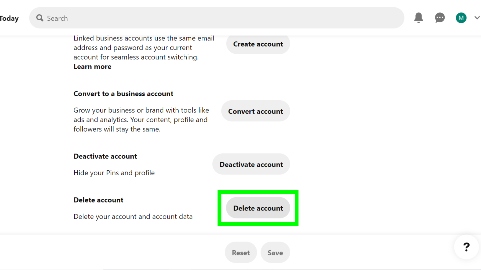 How to delete a Pinterest account - a screenshot of Pinterest's Account Settings page with the "Delete Account" button selected