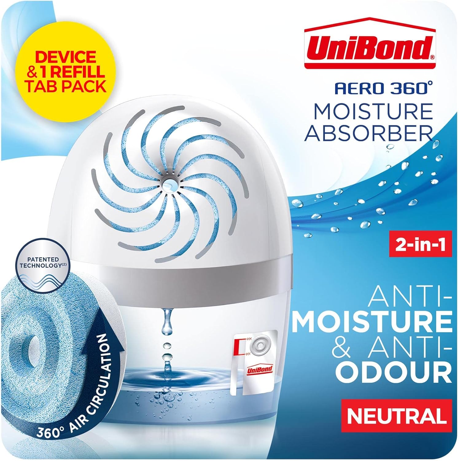 Unibond Aero 360&amp;ordm; Moisture Absorber, Ultra-Absorbent Dehumidifier, Helps to Prevent Condensation, Mould &amp;amp; Musty Smells, Refillable Condensation Absorber, 1 Device Incl. 1 Refill Tab 450g