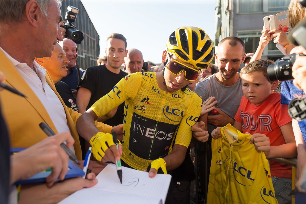 2019 Tour de France winner Egan Bernal (Team Ineos) signs autographs for fans at the 2019 Natourcriterium Aalst post-Tour criterium