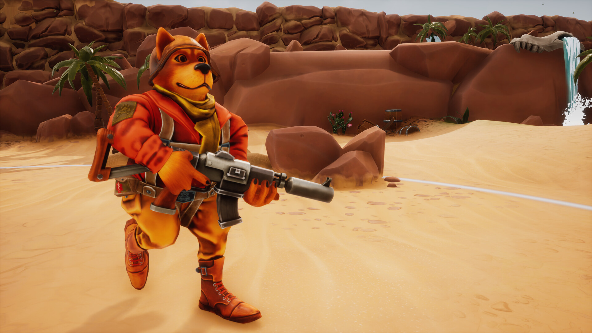 Anthropomorphic dog in red military uniform holding assault rifle with sandy dunes and rocky cliff face in background.