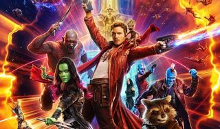 Guardians of the Galaxy Vol 2 Dave Bautista Zoe Saldana Chris Pratt making a poster pose in space