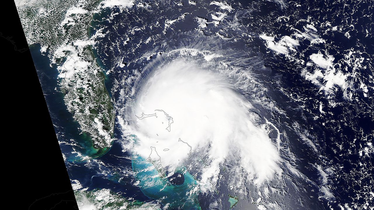 The Moderate Resolution Imaging Spectroradiometer (MODIS) instrument on NASA&rsquo;s Aqua satellite captured this natural-color image of Hurricane Dorian on Sept. 1, 2019 at 2:05 p.m. EDT (1805 GMT). At the time, Dorian was a category 5 storm with sustained winds of 185 miles (295 kilometers) per hour, and the eye of the storm was directly over the island of Great Abaco in the northern Bahamas.