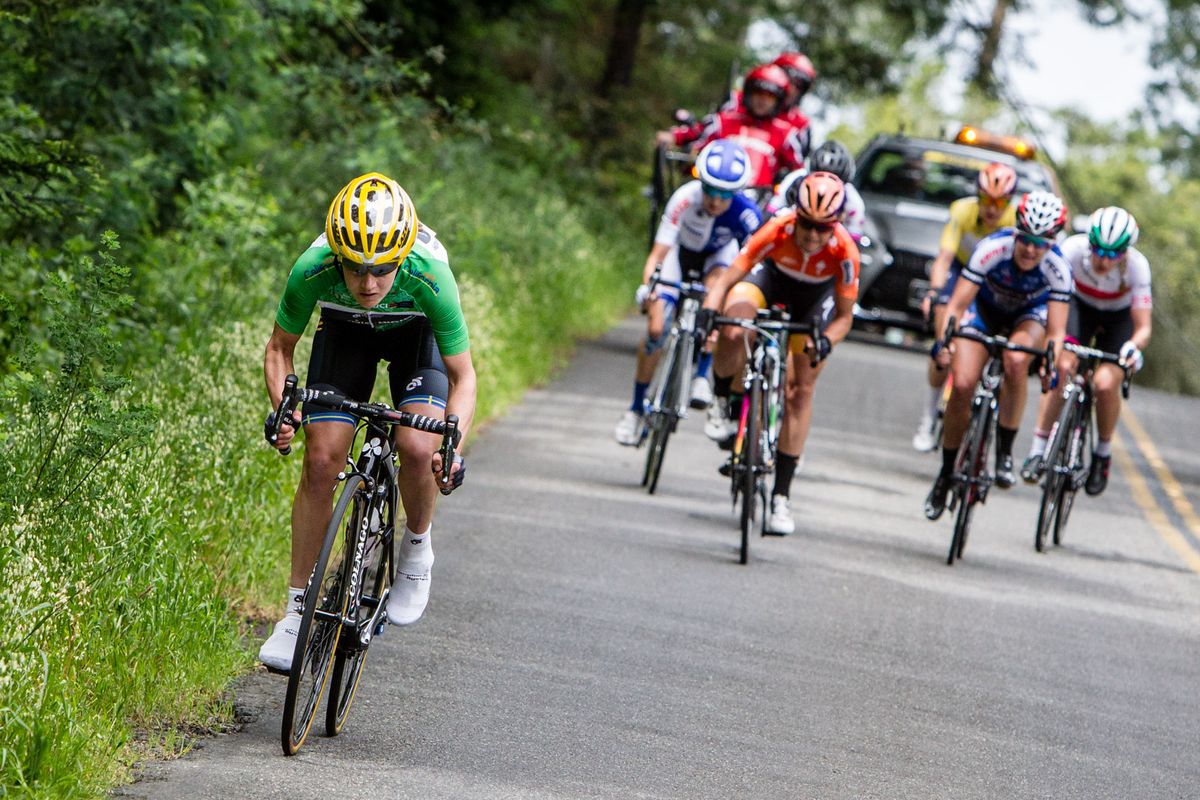 Emma Johansson (Wiggle High5) launches an attack from the front group