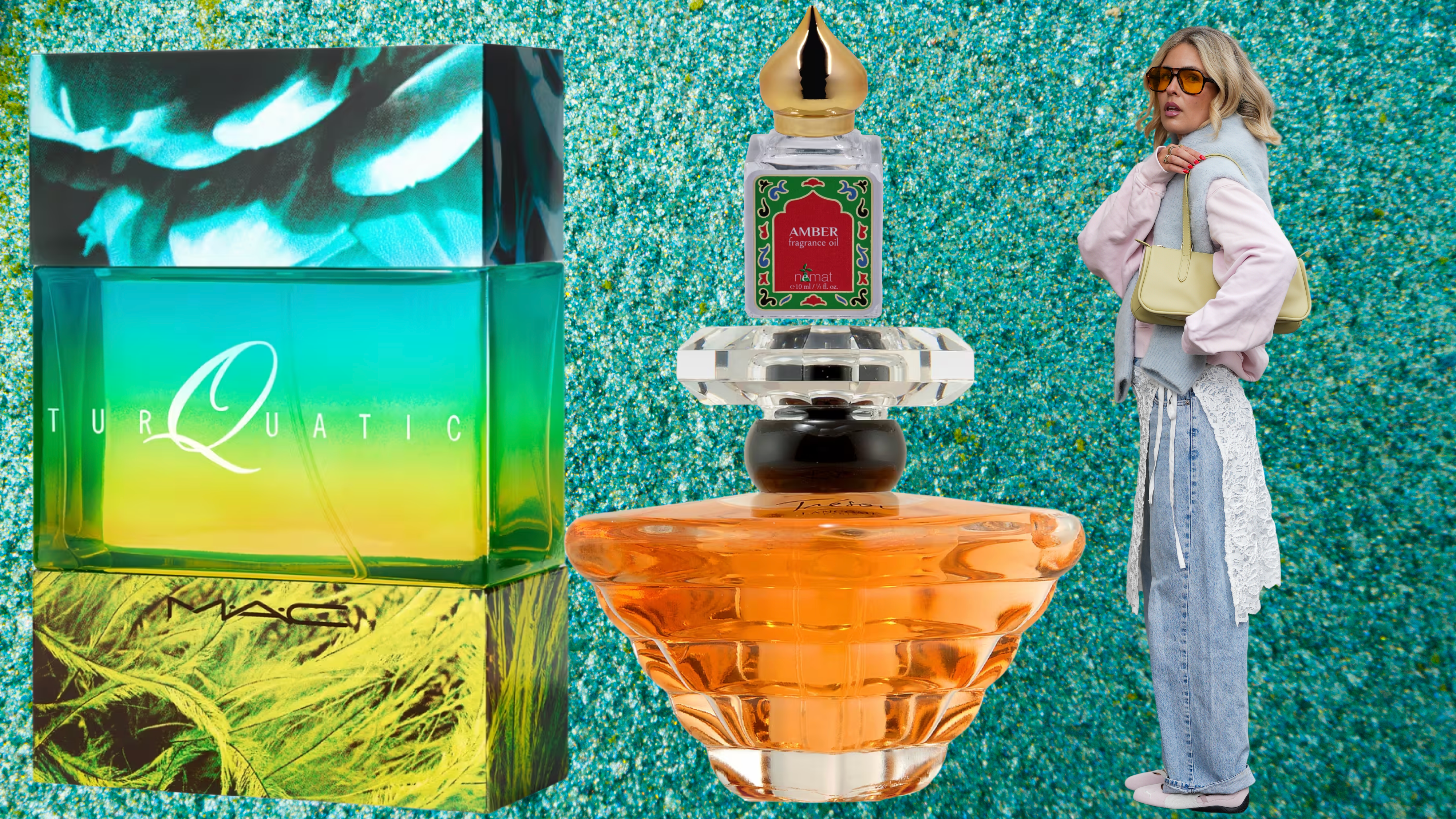 A woman wearing jeans, a shirt, and a lace dress with a yellow bag over her shoulder. She is standing next to three bottles of perfume and all images are against a sparkling green backdrop. 