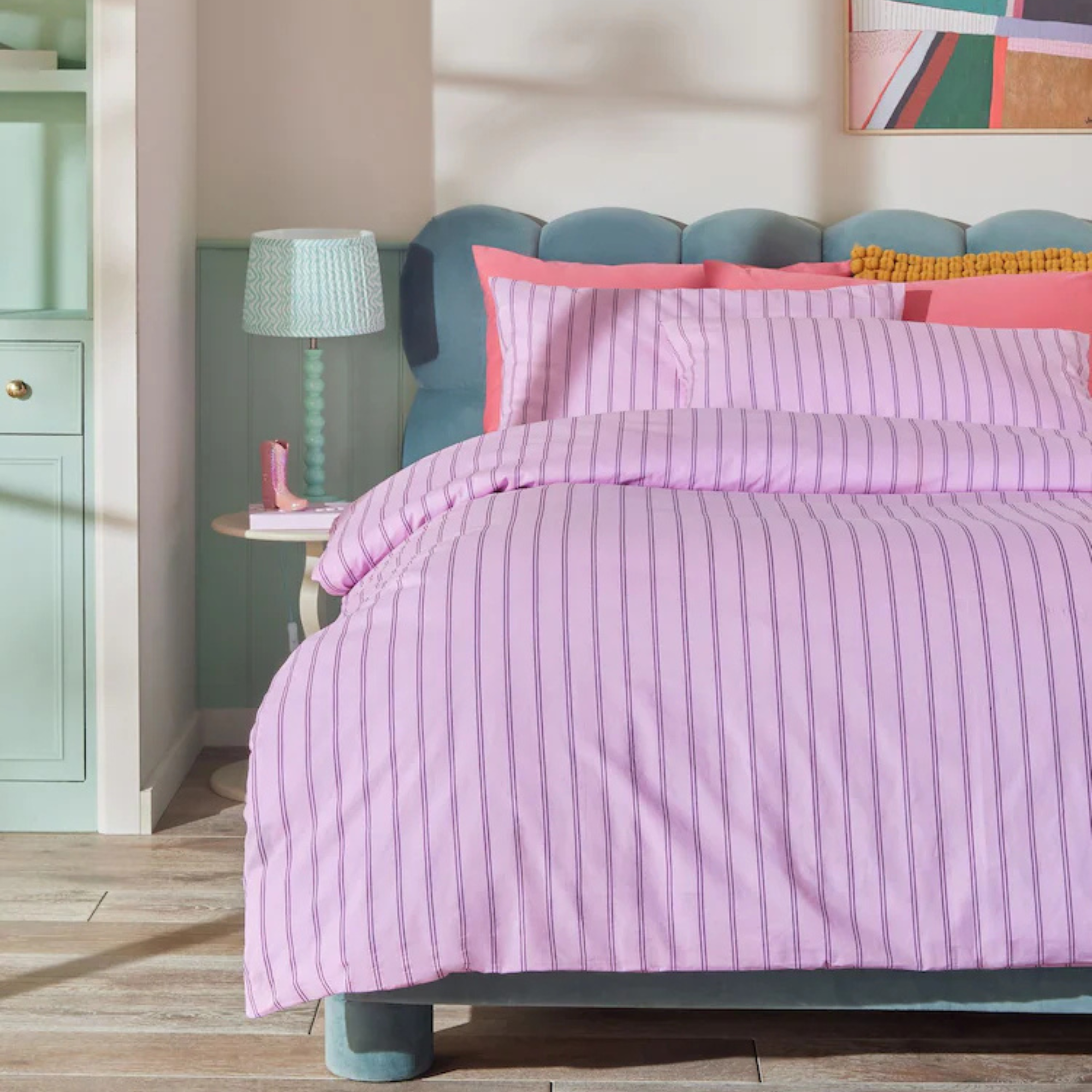 Pink 100% Cotton Stripe Duvet Cover and Pillowcase Set