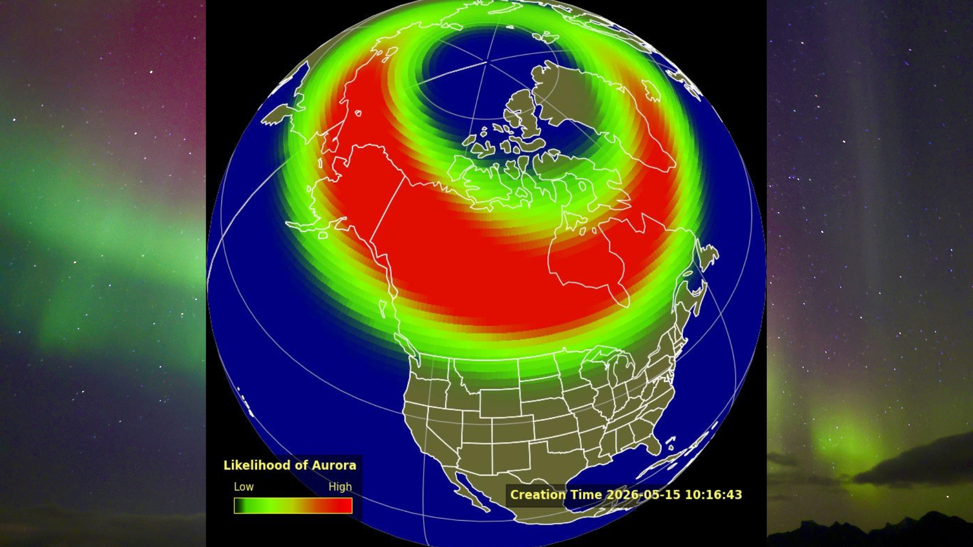 map showing where aurora might be visible in us states tonight.