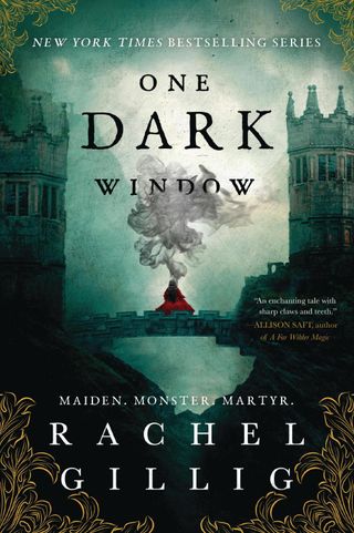 one dark window book cover with a bridge between two castle towers and smoke int he middle