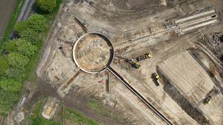 Bird's eye view of excavated Harwell catapult. We see a circular structure with runways coming off it.
