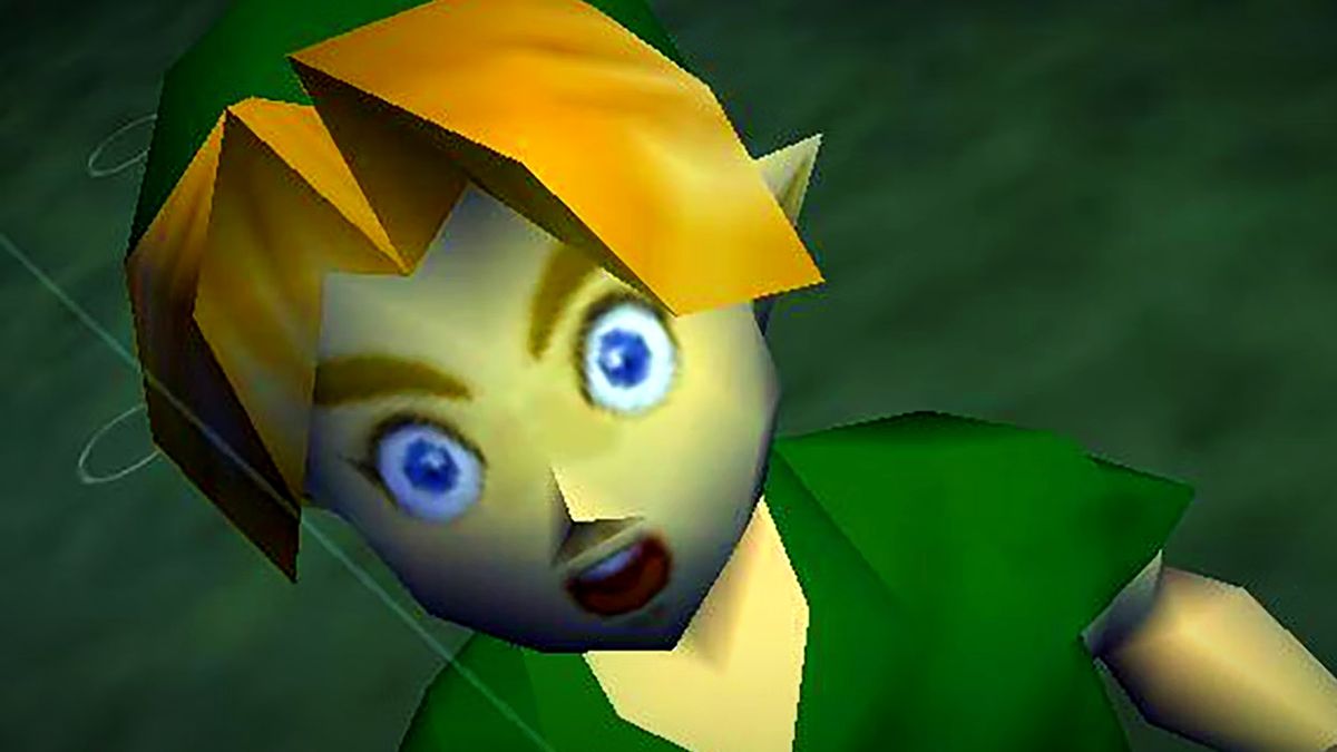 The Legend of Zelda: Ocarina of Time screenshot showing Link, a young boy with elf-like ears and blond hair, with a surprised expression on his face